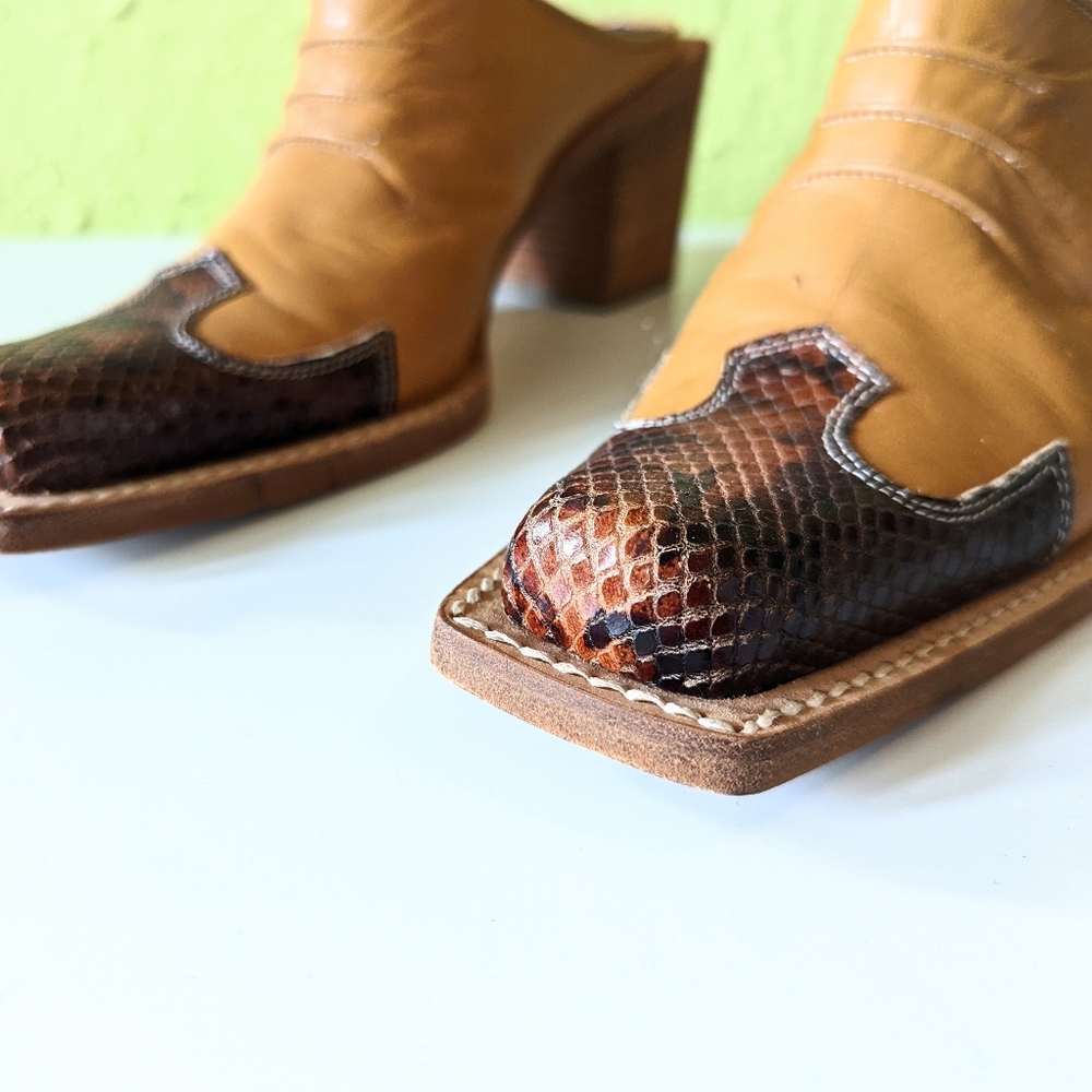 Two Tone Genuine Leather Heeled Western Mules - Picture 4 of 6